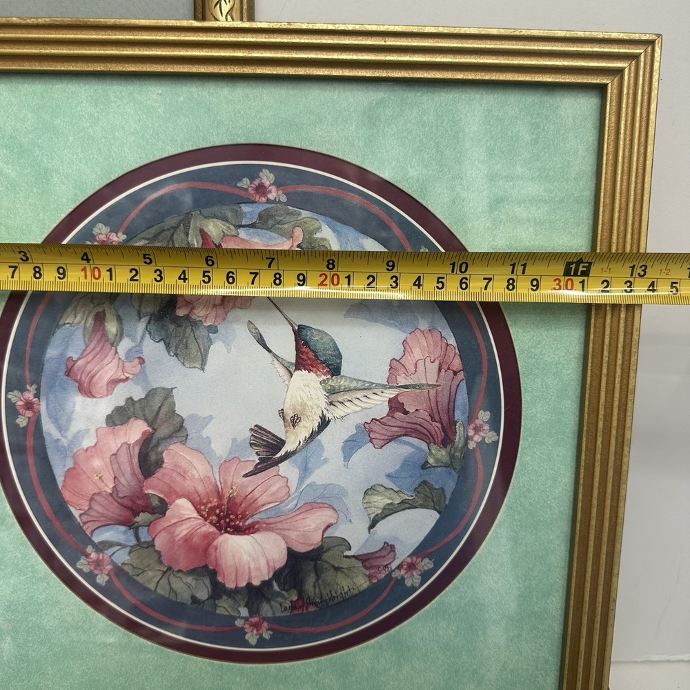 Lot Of 2 Framed Hummingbird & Pink Flowers Art Print Gold Frames Still‎ Life - Picture 11 of 16